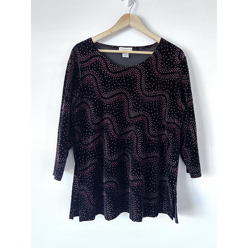 Vintage Notations 1X Velvet Holiday Women's Sparkly Jeweled Blouse 3/4 Sleeve